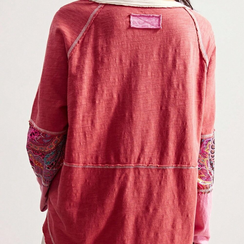 Multicolor Boho Casual Women's Long Sleeve Patchwork Graphic long sleeve T-Shirt - Picture 4 of 7